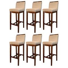 Kit 6 Banquetas Alta Estofada com Encosto Líbia Madeira Capuccino Sued