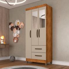 Guarda Roupa Solteiro com Espelho 3 Portas 2 Gavetas Estrela Sallêto Móveis - Cinamomo/Off