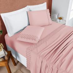 Jogo Cama Lençol Bouclê Queen Micro Percal 200 Fios c/ Laise Bordada 4 Peças - Sal Rosa