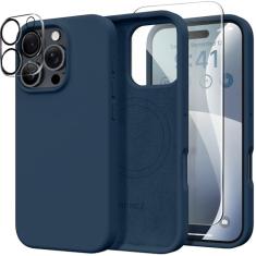 Capa magnética GONEZ para iPhone 16 Pro Max, compatível com MagSafe, capa de silicone líquido, com protetor de tela + protetor de câmera, capa protetora completa à prova de choque, 6,9", azul escuro