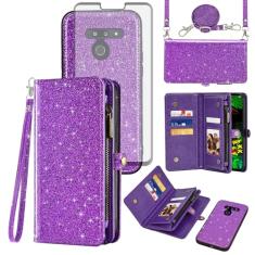 Asuwish Capa de celular para LG G8 ThinQ Carteira com zíper destacável com protetor de tela de vidro temperado cordão alça flip suporte para cartão LGG8 Thin Q G 8 LG8 G8thinq LGG8thinq 8G feminino