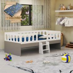 Cama Infantil Lara Solteiro Com Escadinha E Colchão Branco E Cinza - B
