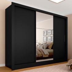 Guarda Roupa Casal Nanda C/espelho 3 Pts 2 Gav Lateral Preto Fosc- M.a Preto Fosco