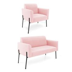 Sofá Namoradeira e Poltrona Pé de Ferro Preto Marisa Suede Rosa Bebê D03 - D`Rossi