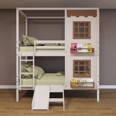 Beliche Casinha Reta com 02 Janelas e Escorregador Madeira Maciça Branco/ Amêndoa Housin