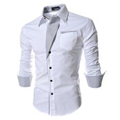 Elonglin Camisa Social Masculina Formal com Botões Manga Comprida Camisa Casual Elegante Cores Contrastantes Branco GG