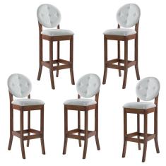 Kit 5 Banquetas Alta Estofada com Encosto Florence 113x36 Cm Madeira Maciça Linho Bege Cru L71 - RMI