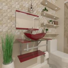 Gabinete de Vidro 60cm Inox com Cuba Oval Vermelho Cereja