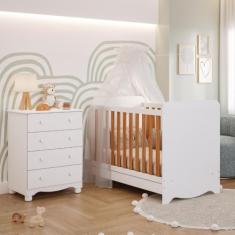 Quarto de Bebê Completo Berço Americano Ben 3 Em 1 Cômoda Júnior Simples 4 Gavetas Branco Carvalho 100% MDF Móveis Peroba
