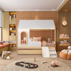 Bicama Reversivel Casinha Com Telhado E Led, Com Janela, Grade E Escadinha New Garden Casatema Branco-natural