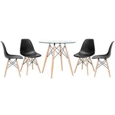 Loft7, Mesa redonda Eames com tampo de vidro 80 cm + 4 cadeiras Eiffel Dsw