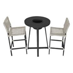 Conjunto Bistrô Champanheira Tampo Ripado e 2 Banquetas França Corda Náutica Areia