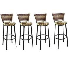 Kit 4 Banquetas Alta Preta Junco Capuccino com Assento Floral Marrom F