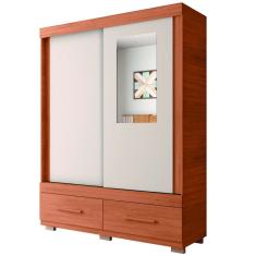 Guarda Roupas Solteiro 2 Portas de Correr Com Espelho 2 Gavetas Madeirado/Off White Malu Caemmun