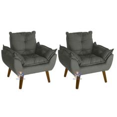 Kit 02 Poltrona/Cadeira Decorativa Glamour Chumbo Com Pés Quadrado - C