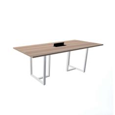 Mesa De Reunião Com Caixa De Tomada 200 X 90 Cm Pé Tubular Pe25 Em Mdp Noce Naturalle Base Branca