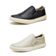 Kit 02 Tenis Slip On sem Cadarço Couro CSF Franca NS Maritimo Masculino-Masculino