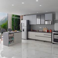 Cozinha Completa Bartira Cristal com 10 Portas, 5 Gavetas, 9 Prateleiras e Bancada Gourmet - 300cm de Largura