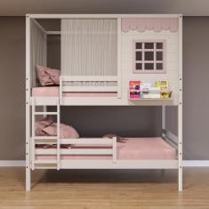 Beliche Casinha Reta com Grade Removível e Cortina Madeira Maciça Branco/ Rosa Housin