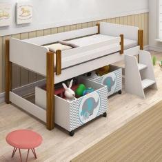 Cama Naty Branco/Mel Com 2 Nichos Adesivadas Filhote Verde E Escadinha