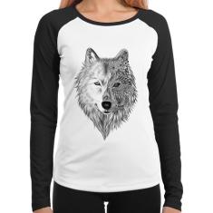 Baby Look Raglan Lobo Mandala Manga Longa - Foca na Moda, Branco, Pret