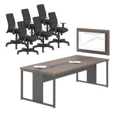 Jogo Mesa Com Painel E Cadeiras De Escritório Freijó Preto