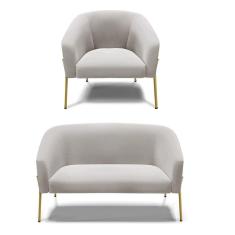 Sofá Namoradeira E Poltrona Pé De Ferro Dourado Stella Veludo D03 - D'rossi Cor Cinza