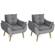 Kit 02 Poltrona/Cadeira Decorativa Glamour Cinza Com Pés Quadrado - Ci