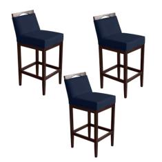 Kit 3 Banquetas Alta Lyara em Madeira Maciça com Encosto Estofada