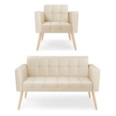 Kit 1 Sofá Namoradeira e 1 Poltrona Elisa Corino Pés Palito Natural - D`Rossi