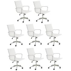 Kit 8 Cadeiras de Escritório Presidente Giratória Sevilha Baixa Rivatti Branco