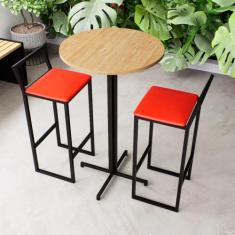 Conjunto Mesa Alta Bar Bistrô Redonda Pinus 2 Banquetas Confort Estofa