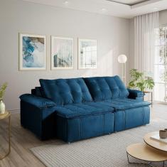 Sofá Cama Palmeira 3 Lugares Retrátil Reclinável 2,00m Veludo com Molas CabeCasa MadeiraMadeira Azul