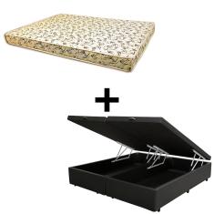 Cama Baú King - Tecido Sintético Preto Com Colchão Austrália Bello Box - 100% Espuma D26 Amarelo 55x193x203
