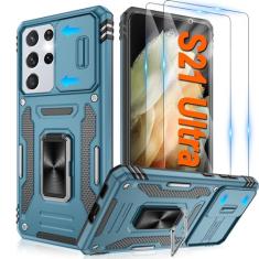 ATUMP Capa para Samsung Galaxy S21 Ultra com [2 unidades] protetor de tela HD com capa deslizante para câmera, anel de rotação de 360° com suporte [grau militar] capa protetora à prova de choque para