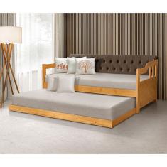 Sofá Cama Dublin Estofado Capitonê Veludo Marrom Madeira com Cama Auxiliar - Imbuia
