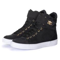 Tênis Sneaker Feminino Cano Alto Caveira Dourada Academia Couro Legíti