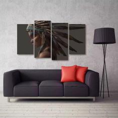 Quadro Índio Americano Artístico Sala Em Tecido 4 Peças 1