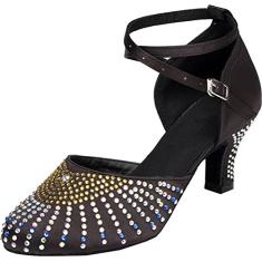 Tênis feminino de dança latina bico redondo tira no tornozelo dança 1007, Preto, 6.5