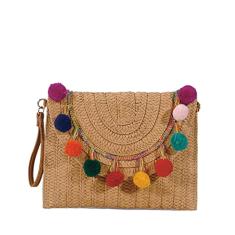 FARZI Bolsa de mão de palha estilo étnico, cor sólida, bolsa de tecido de palha para praia, bolsa transversal