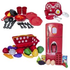 Kit cozinha infantil geladeira panela louça cooktop 42pç