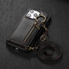 Alça de ombro com zíper carteira de couro capa porta cartão para iPhone 11 12 13 14 15 Pro Max Plus cordão telefone bolsa capa anel, preto, para iPhone 15 Pro