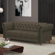 Sofá Living Sala de Estar Stanford Chesterfield 2 Lugares 180cm Pés de Madeira Couro Capuccino G58 - Gran Belo