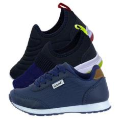 Kit 3 Pares de Tenis Infantil Calce Facil Bordado e Jogging Marinho-Masculino
