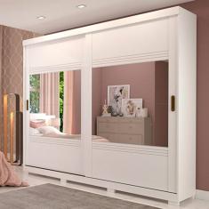 Guarda Roupa Casal MDF 2 Portas de Correr 4 Espelhos 4 Gavetas Internas e Pés Blumenau Panan Móveis Branco