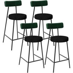 Kit 04 Banquetas Baixa Bar Cozinha E Sala De Jantar Milão L02 Facto Verde Linho Chumbo - Lyam Decor