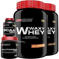 KIT 2x Whey Protein Waxy Whey 2kg + Glutamina 300g + BCAA 1800 120 Cápsulas - Bodybuilders (Chocolate e Cappuccino)