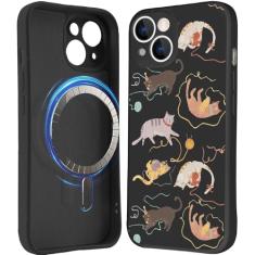 MAYCARI Capa de telefone magnética com estampas coloridas de gato fofo para iPhone 14, capas femininas de silicone líquido, borracha de gel macio, forro de microfibra protetora, à prova de choque,