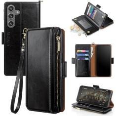 Antsturdy Capa carteira compatível com Samsung Galaxy S24 FE 5G com porta-cartões mulheres homens capa protetora de couro PU bloqueio RFID alça de pulso zíper compartimentos para cartão de crédito