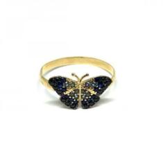 Anel de ouro 18k Borboleta com Pedras - Elegancy Joias, Azul, 16